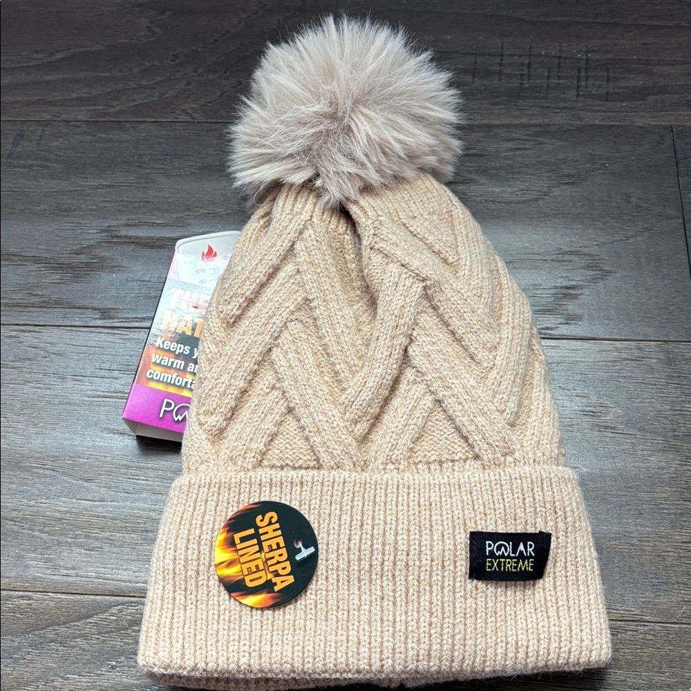 Polar Extreme Thermal Insulated,Sherpa lined,pom-pom,cable knit stretch,beanie